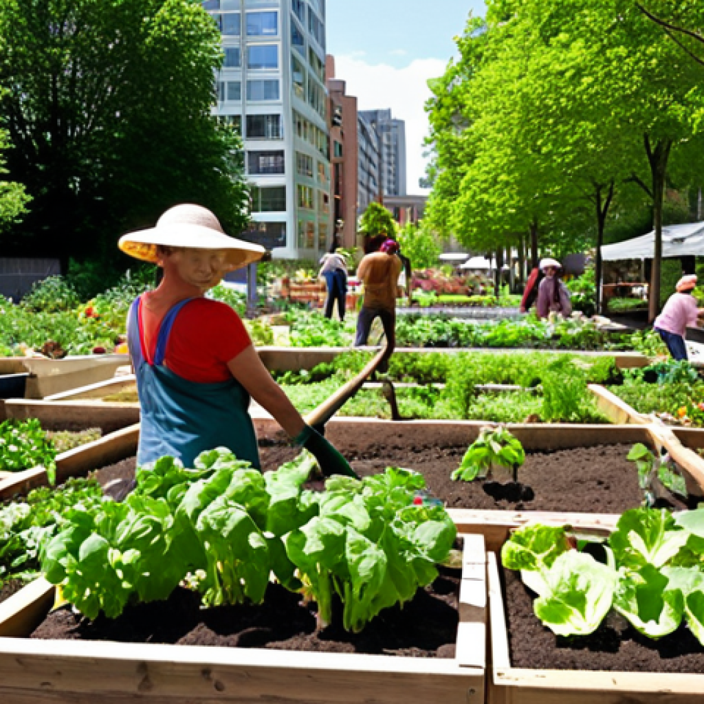 **

A vibrant community garden in the heart of a bustling city, overflowing with vegetables and flowers. People of all ages are working together, planting, weeding, and laughing. In the background, modern buildings blend seamlessly with green spaces. Sunlight filters through the leaves, creating a warm and inviting atmosphere. Capture the essence of "vivre ensemble" – living together harmoniously.

**