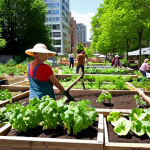 **

A vibrant community garden in the heart of a bustling city, overflowing with vegetables and flowers. People of all ages are working together, planting, weeding, and laughing. In the background, modern buildings blend seamlessly with green spaces. Sunlight filters through the leaves, creating a warm and inviting atmosphere. Capture the essence of "vivre ensemble" – living together harmoniously.

**