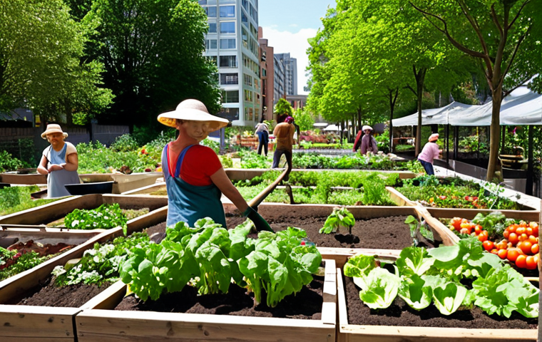 **
A vibrant community garden in the heart of a bustling city, overflowing with vegetables and flowers. People of all ages are working together, planting, weeding, and laughing. In the background, modern buildings blend seamlessly with green spaces. Sunlight filters through the leaves, creating a warm and inviting atmosphere. Capture the essence of "vivre ensemble" – living together harmoniously.
**