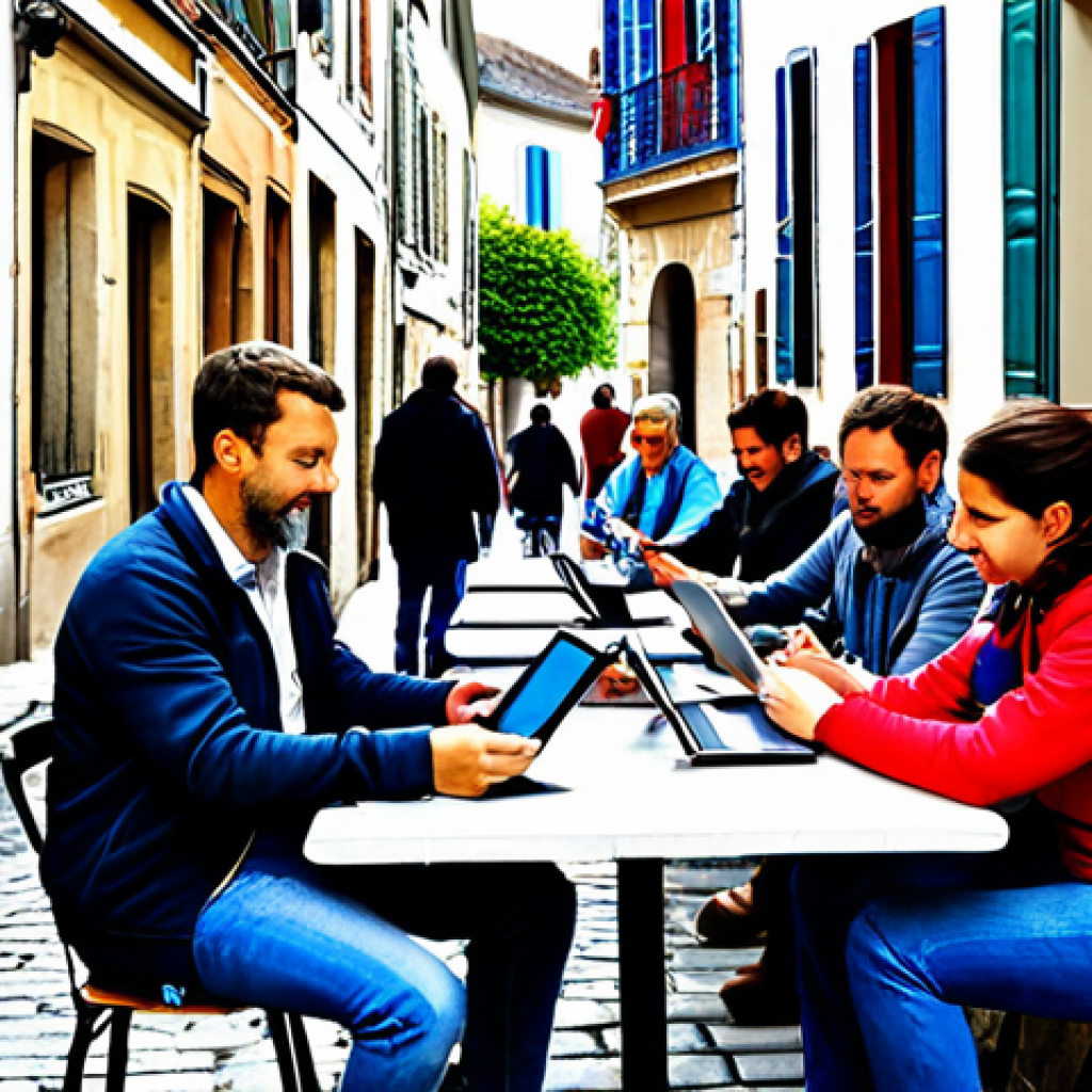 **

"A vibrant street scene in a small French town, showing local residents using OpenStreetMap on their tablets to update map data during a "mapathon." People are fully clothed in casual, everyday attire, working together at tables set up outdoors. Background includes charming French architecture and signage. Safe for work, appropriate content, fully clothed, community-focused, family-friendly, perfect anatomy, correct proportions, natural pose, high quality."

**