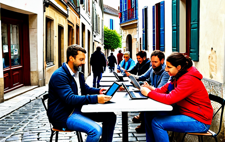 **

"A vibrant street scene in a small French town, showing local residents using OpenStreetMap on their tablets to update map data during a "mapathon." People are fully clothed in casual, everyday attire, working together at tables set up outdoors. Background includes charming French architecture and signage. Safe for work, appropriate content, fully clothed, community-focused, family-friendly, perfect anatomy, correct proportions, natural pose, high quality."

**