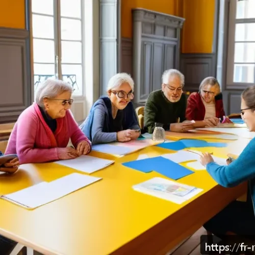 지역개발에서의 주민 의견 수렴 방법 - A vibrant community workshop scene in a modern French town hall, diverse group of residents includin...