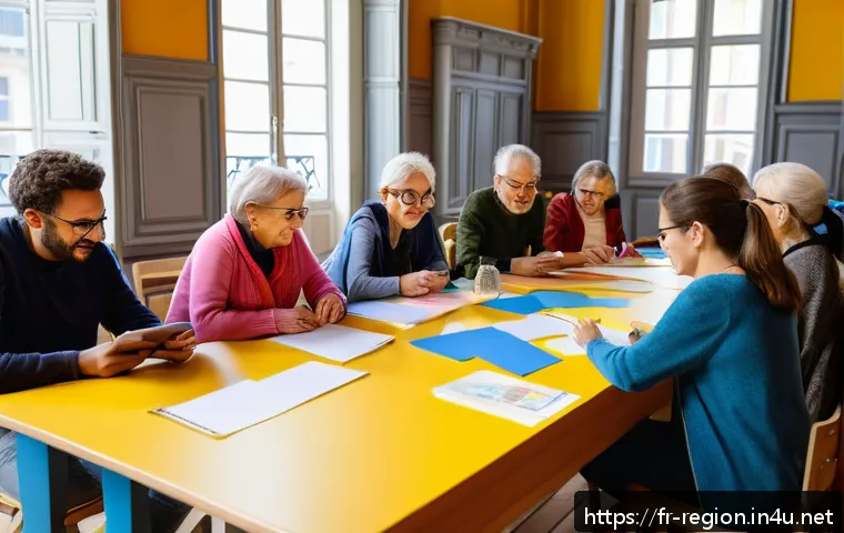 지역개발에서의 주민 의견 수렴 방법 - A vibrant community workshop scene in a modern French town hall, diverse group of residents includin...
