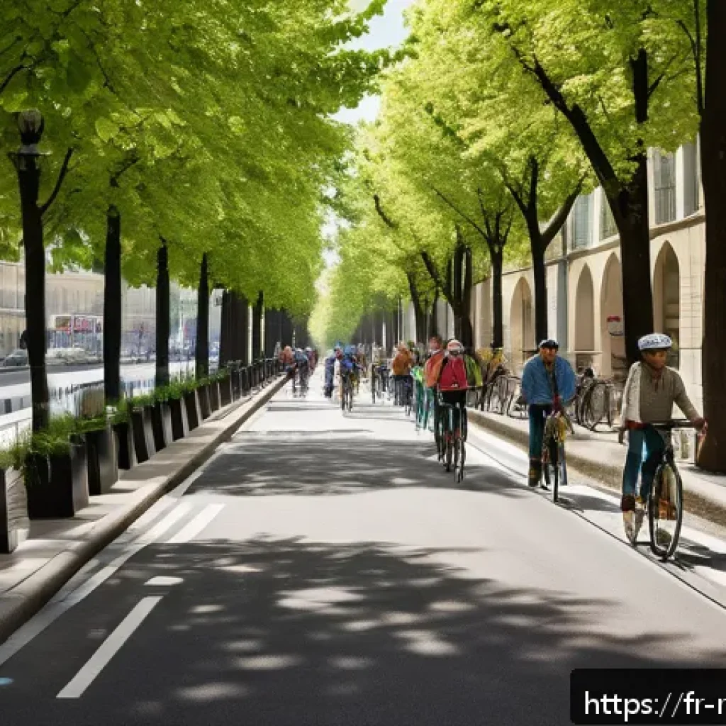 지역개발과 관련된 환경 문제 해결 사례 - A vibrant urban scene in Lyon showcasing a bustling network of dedicated bike lanes filled with dive...