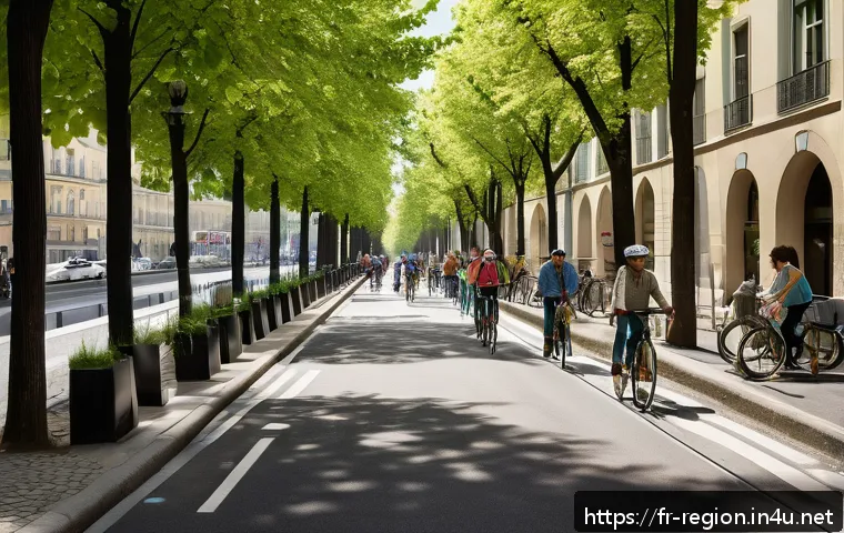 지역개발과 관련된 환경 문제 해결 사례 - A vibrant urban scene in Lyon showcasing a bustling network of dedicated bike lanes filled with dive...