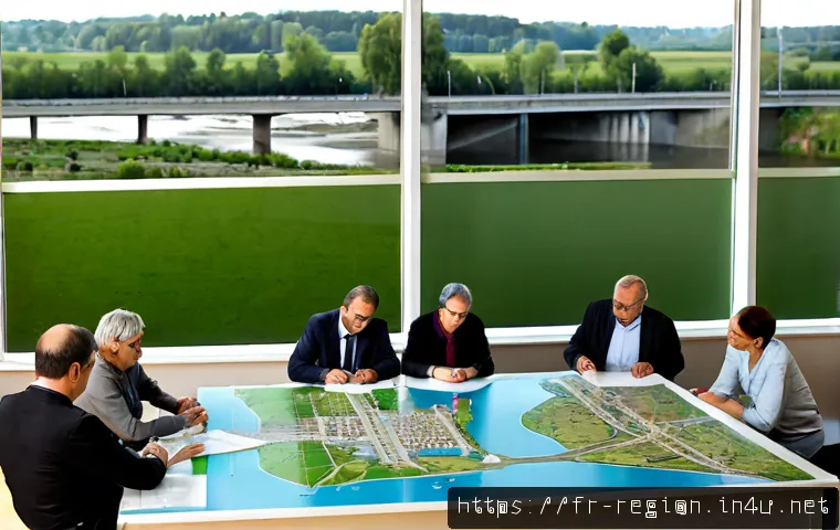 Home 17 지역개발 마스터플랜 작성법 - Photorealistic urban planning workshop in a bright French municipal office, diverse planners and loc...